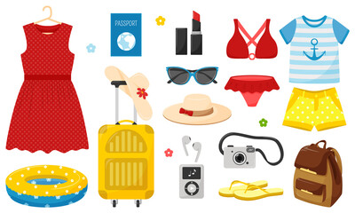 A set of summer clothes and things for holidays and summer holidays. Bright decorative vector elements in a flat cartoon style. apparel, appliances, accessories. Isolated on a white background.