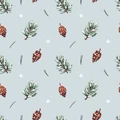 Pattern of cones and coniferous branches on a blue background wrapping