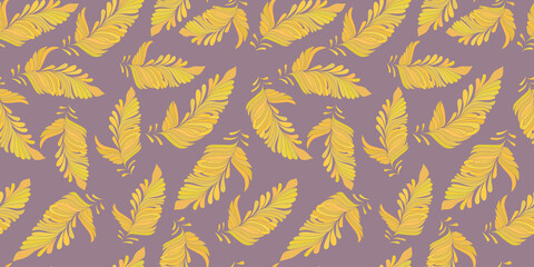 Modern abstract autumn falling leaves  endless wallpaper.Folk floral seamless pattern.Yellow leaves botanical background.Trendy fabric design,wrapping paper.Vector illustration.
