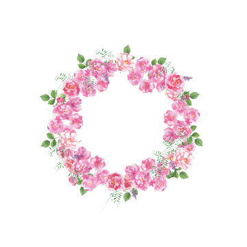 A wreath of pink roses and wildflowers on a white background. Watercolour image.