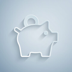 Paper cut Piggy bank icon isolated on grey background. Icon saving or accumulation of money, investment. Paper art style. Vector