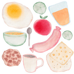 Set of objects and food tomato juice glass coffee cup egg sausage bread cheese watercolor