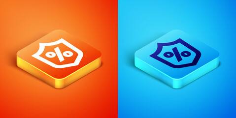 Isometric Loan percent icon isolated on orange and blue background. Protection shield sign. Credit percentage symbol. Vector