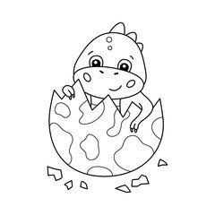 Cute little dinosaur hatches from an egg. Dino for kid coloring book. Baby tyrannosaurus. Children puzzle game. Black and white cartoon isolated vector illustration on white background