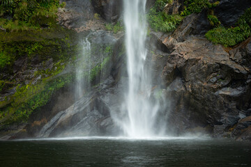 Fototapeta na wymiar Thundering waterfalls in Milford Sound, New Zealand
