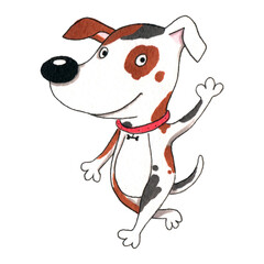 Hand drawn watercolor illustration. Clipart for children design. Cute happy spotted puppy dog goes and waves his paw. Hello or bye gesture.