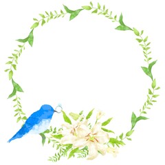 優しいタッチの幸せを運ぶ青い鳥とカサブランカのフレーム