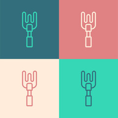 Pop art line Garden rake icon isolated on color background. Tool for horticulture, agriculture, farming. Ground cultivator. Housekeeping equipment. Vector