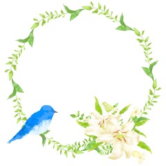 Fototapeta na wymiar 優しいタッチの幸せを運ぶ青い鳥とカサブランカのフレーム