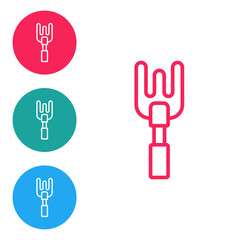 Red line Garden rake icon isolated on white background. Tool for horticulture, agriculture, farming. Ground cultivator. Housekeeping equipment. Set icons in circle buttons. Vector