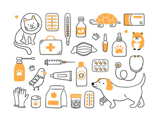 Veterinary set with pets, medicines and food. A cat in a collar and a dog with a bandaged paw. Vector illustration in doodle style on white background