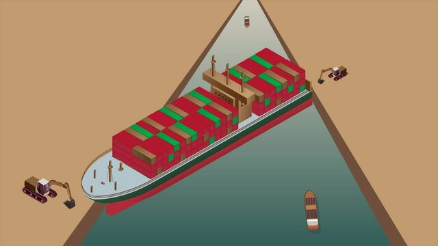 Suez Canal Blockage. Animated Illustration Concept Of Maritime Traffic Jam. Container Cargo Ship Run Aground And Stuck In Suez Canal.