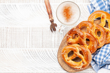 Lager beer mug and fresh baked homemade pretzel