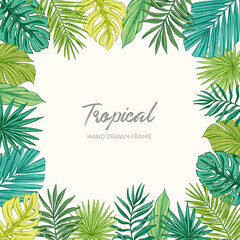 Background with green tropical leaves and plants. Vector Hand Drawn Sketch Botanical Illustration. Highly detailed exotic greens. Palm leaves.  Vintage. Colorful