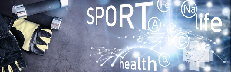 Sport and healthy lifestyle. Accessories for sports. Yoga mat dumbbell. Sports background home exercises concept.