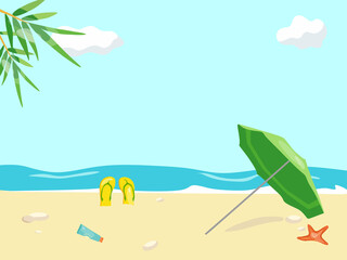 Beach holidays. Vector illustration of a beach umbrella, shale and starfish.