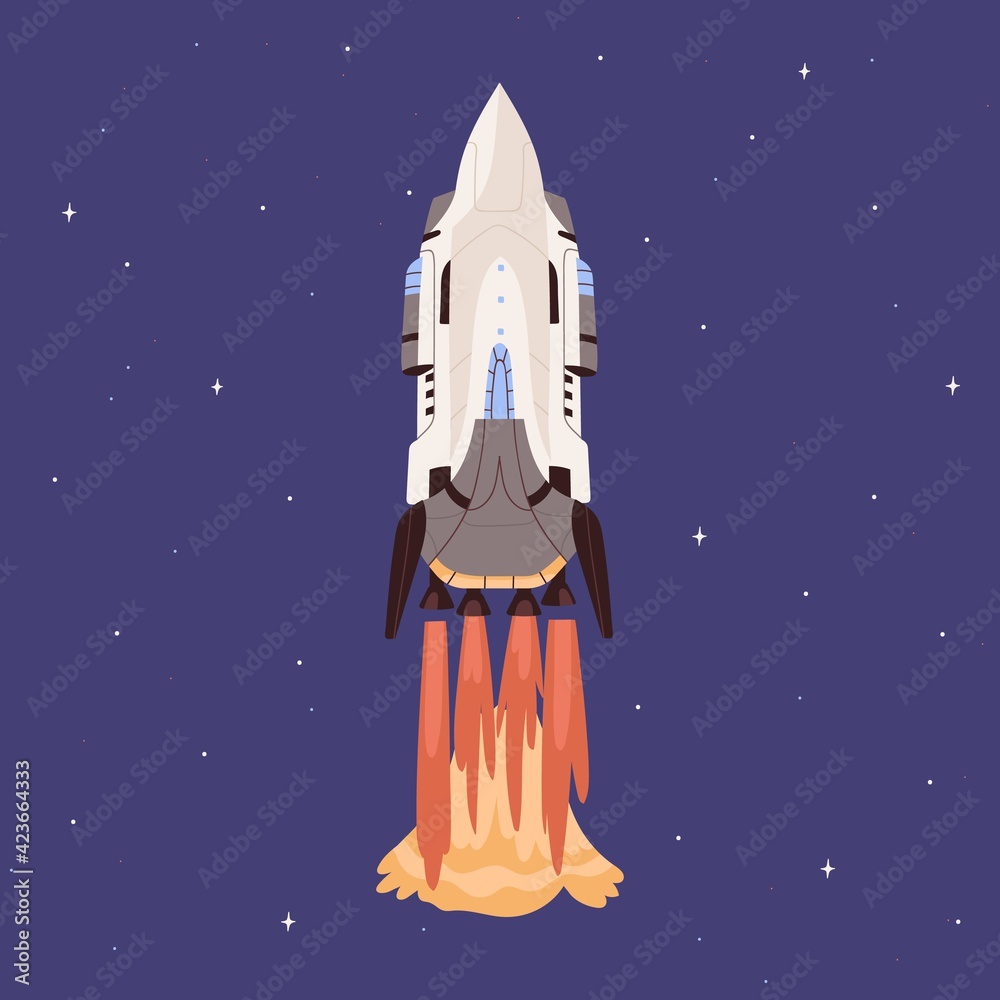 Wall mural rocket launch with fire flames from engine. spaceship flying up in outer space. cosmic shuttle takeo