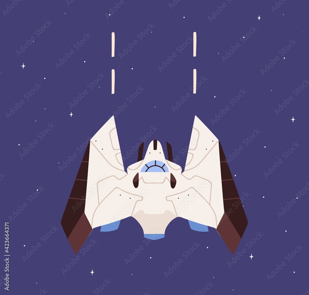 Wall mural futuristic spaceship with wings flying in outer space. flight of spacecraft on sky background. inter