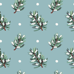 Winter pattern with pine cones, fir branches and snow for wrapping paper
