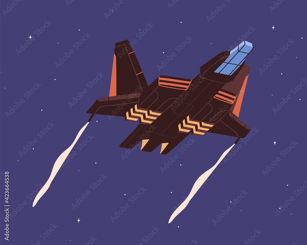 Wall mural intergalactic spaceship flying in outer space. spacecraft flight on sky background. spaceflight of c