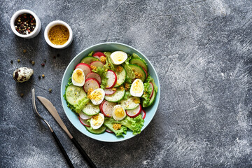 Vegetable, fresh salad with radish, egg and salad leaves in a blue plate on a concrete background.