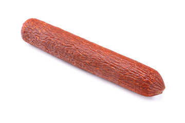 Stick of raw smoked sausage close-up. Isolated on a white background.