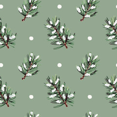 Pattern of pine branches and snow coniferous trees needles on a green background