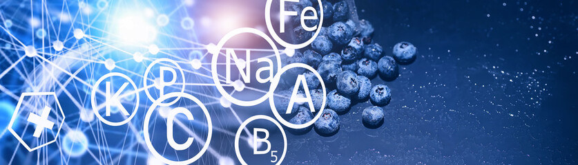 Fototapeta premium Water drops on ripe sweet blueberry. Fresh blueberries background with copy space for your text. Vegan and vegetarian concept. Macro texture of blueberry berries.