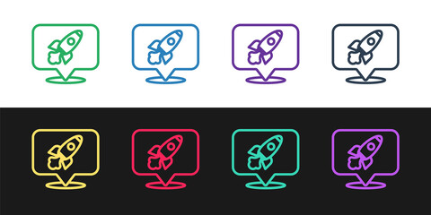 Set line Rocket ship icon isolated on black and white background. Space travel. Vector