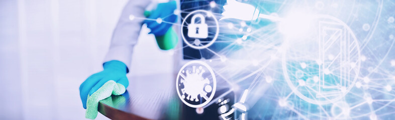 House cleaning concept. Wipe dust off surfaces. Disinfectant treatment of door handles TV electrical. Sanitary treatment at home in quarantine.