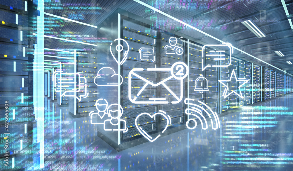 Poster multiumedia icons in a server room data center - 3d rendering