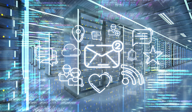 Multiumedia icons in a Server room data center - 3d rendering