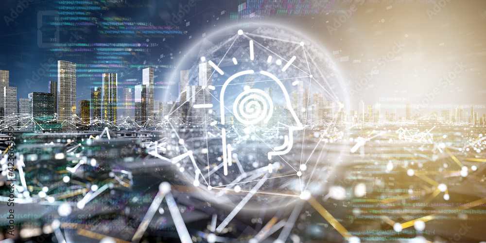 Poster smart city with an artificial intelligence network and communication connection - 3d rendering