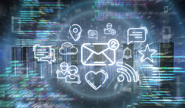 Multiumedia icons in a Server room data center - 3d rendering