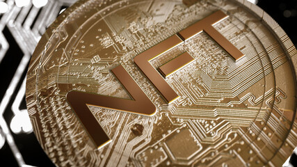 stack of three-dimensional silver coins with the inscription nft on a black background. 3d render illustration