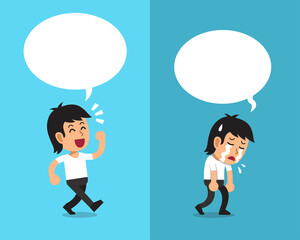 Cartoon a man expressing different emotions with white speech bubbles for design.