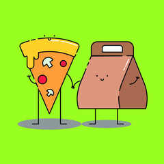 Cute pizza and package  Illustration. modern simple food vector icon, flat graphic symbol in trendy flat design style. food character