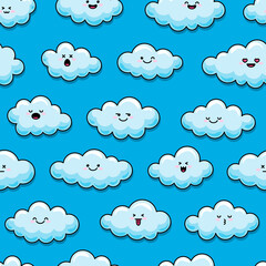 Obraz premium Seamless vector pattern kawaii clouds on blue background. Funny emoji.