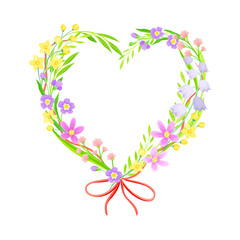 Heart Shaped Floristic Composition of Blooming Spring Meadow Flowers Vector Illustration
