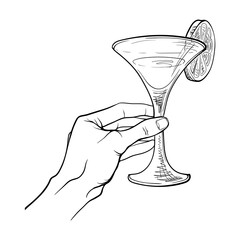 Human hand holding a cocktail glass with a slice of orange. Black linear sketch isolated on white background. EPS10 vector illustration