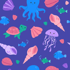 Kawaii seamless pattern with cute baby octopus, fishes and turtle. Marine life, wild ocean animals, modern trendy vector flat cartoon illustration on blue background, repeat design, wallpaper for kids