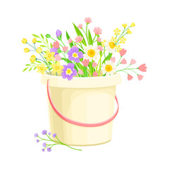 Pail with Fragrant Blooming Flowers as Floristic Spring Vector Composition