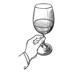 Man hand holding a wine glass. Black linear sketch isolated on white background. EPS10 vector illustration
