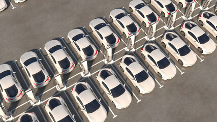 Big parking with chargers. Rows of electric cars are recharging. General view. 3d illustration