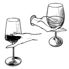 Woman hands holding wine glasses. Illustration of incorrect way of holding wine glass. Black linear sketch isolated on white background. EPS10 vector.