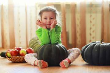 Fototapeta premium Little child choose a pumpkin at autumn. Child sitting on giant pumpkin. Pumpkin is traditional vegetable used on American holidays - Halloween and Thanksgiving Day.