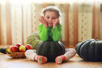 Fototapeta premium Little child choose a pumpkin at autumn. Child sitting on giant pumpkin. Pumpkin is traditional vegetable used on American holidays - Halloween and Thanksgiving Day.