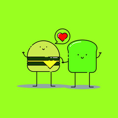 Cute two cheese burger and avocado toast with love Illustration. modern simple food vector icon, flat graphic symbol in trendy flat design style. food character