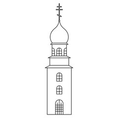 Church tower. Sketch. Temple with a dome decorated with a cross. Vector illustration. Coloring book for children. Outline on white isolated background. Doodle style. Light Easter. Religious motives. 