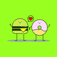 Cute cheese burger and donut with love Illustration. modern simple food vector icon, flat graphic symbol in trendy flat design style. food character